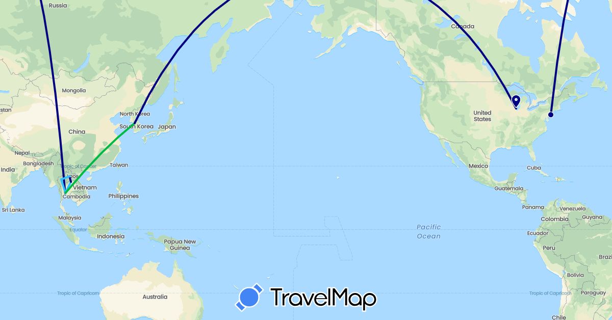 TravelMap itinerary: driving, bus, boat in South Korea, Laos, Thailand, United States (Asia, North America)