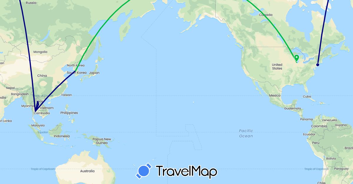 TravelMap itinerary: driving, bus in South Korea, Laos, Thailand, United States (Asia, North America)